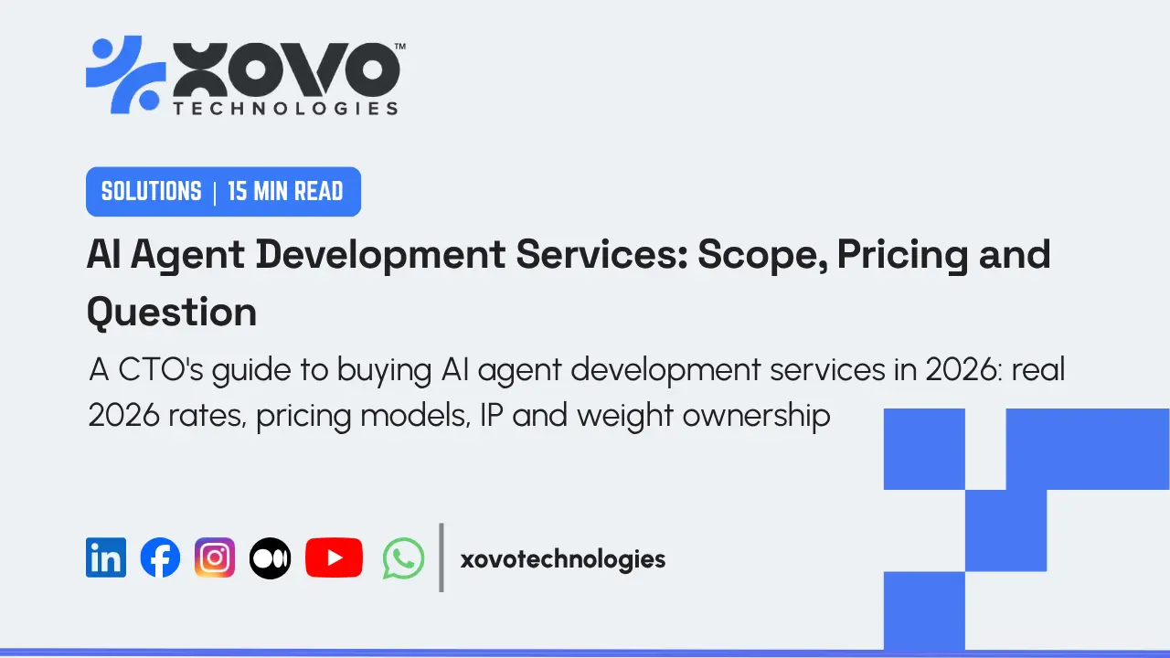 Cover card for XOVO Technologies' 2026 guide to hiring an AI agent development partner, covering scope, pricing models and contract terms.