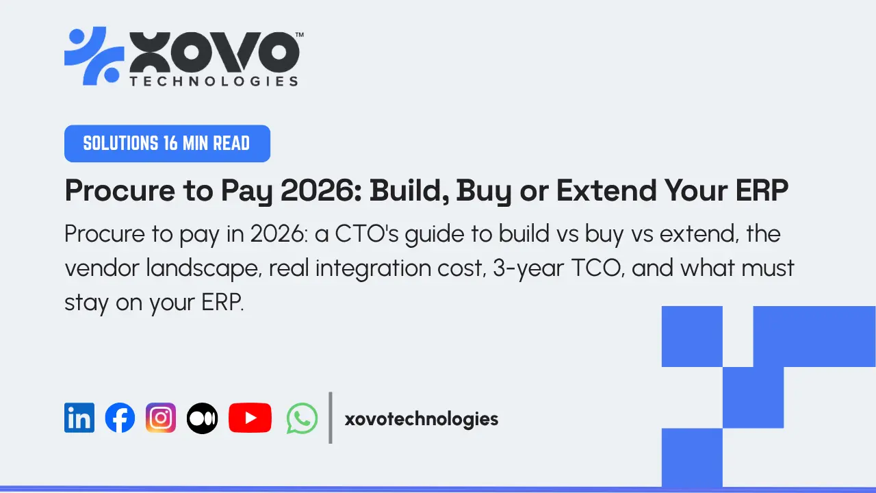 Cover card for XOVO Technologies' 2026 guide to procure-to-pay software, showing the build, buy, or extend decision framed against a light XOVO-branded background.